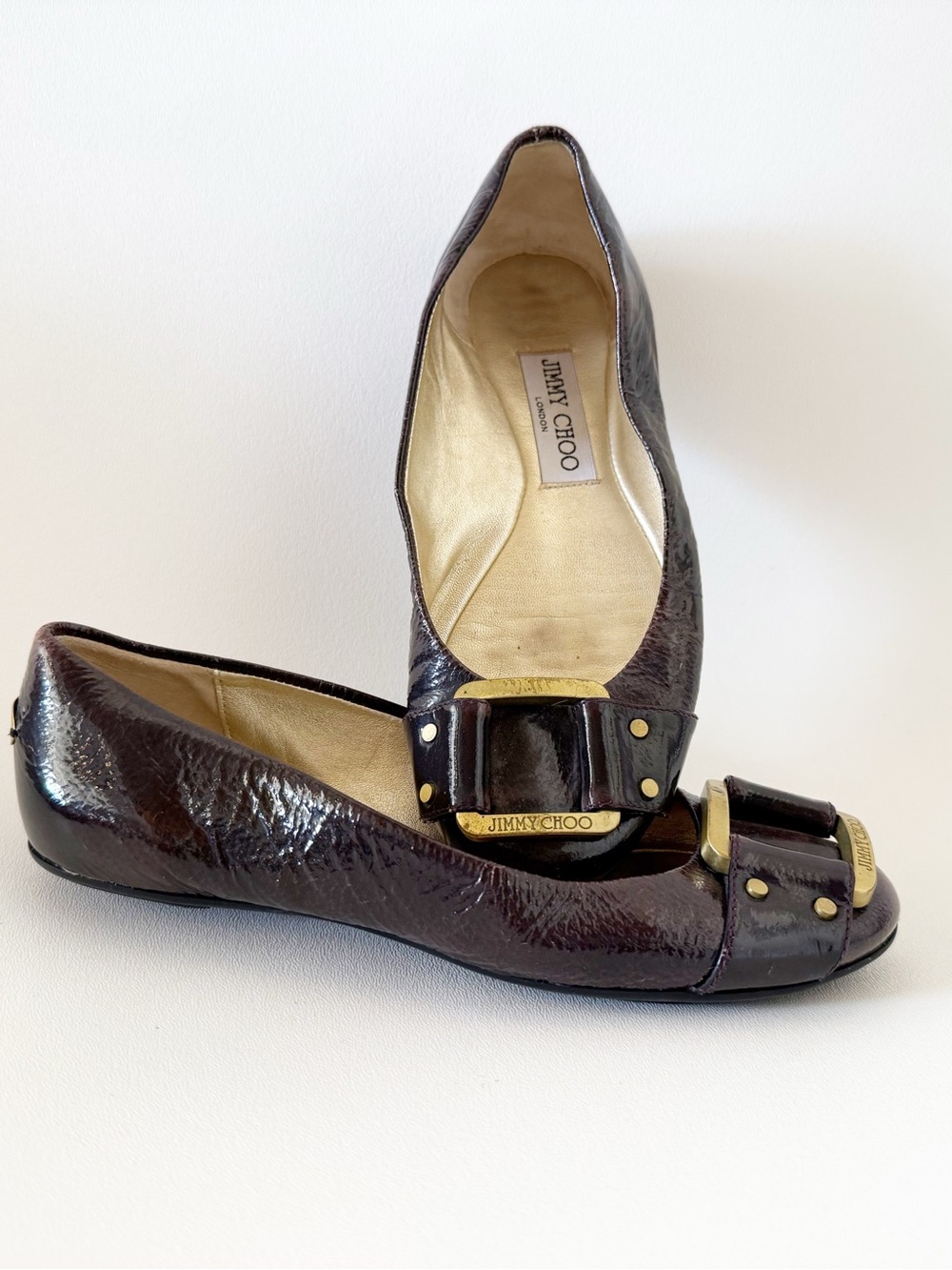 Jimmy Choo Shoes Patent Leather Ballet Flats Crinkled Leather Buckle Chic 5